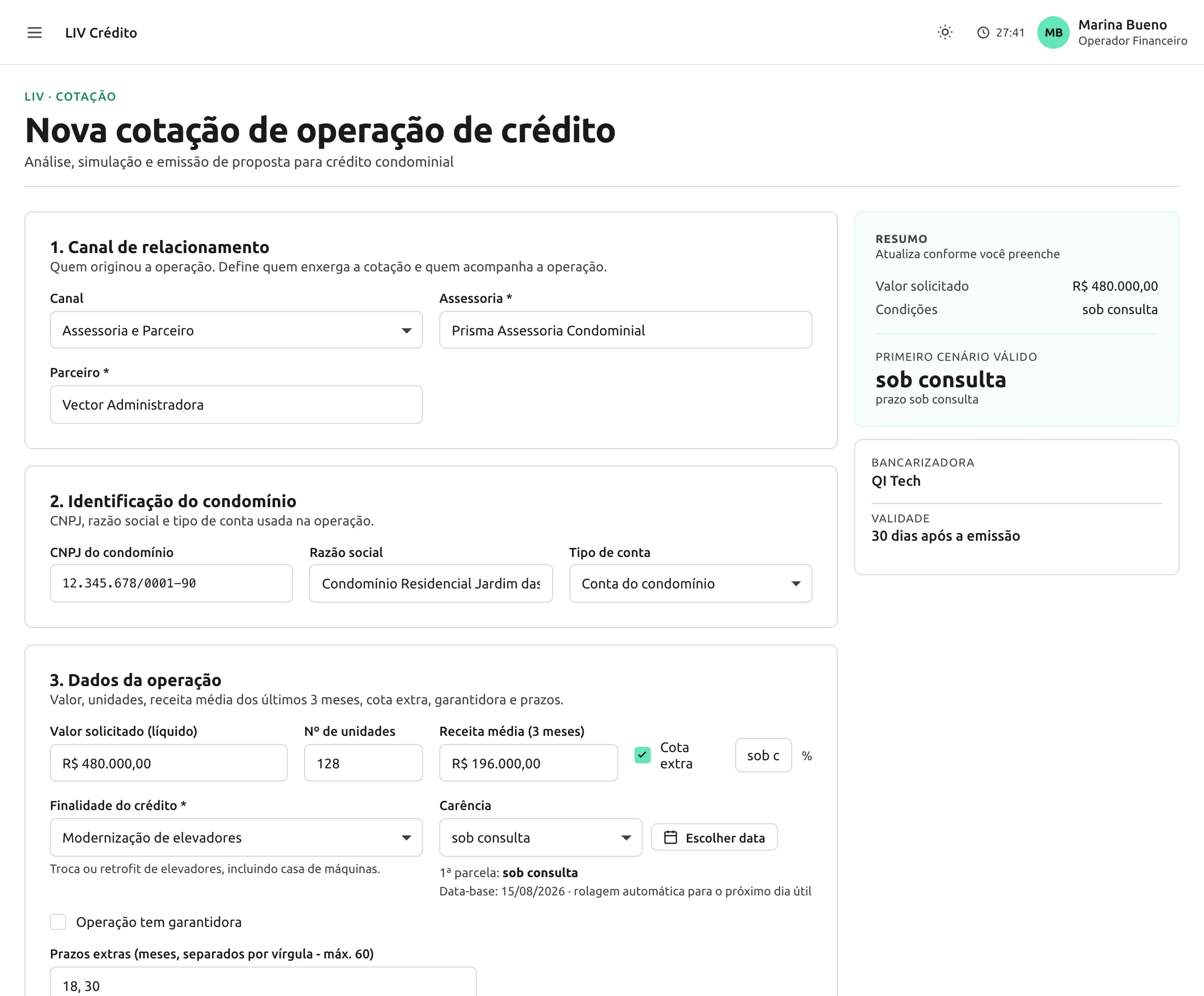 Tela de nova cotação da Plataforma LIV. A primeira etapa pergunta quem trouxe a operação, com os campos canal, assessoria e parceiro preenchidos. A segunda identifica o condomínio por CNPJ, razão social e tipo de conta. Na coluna da direita, um resumo acompanha o preenchimento e traz as condições como sob consulta.